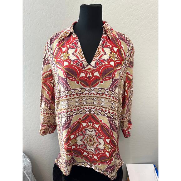 TALBOTS | Silk Linen Blend Boho Medallion Print Lightweight Tunic Blouse | 18W - Picture 2 of 6